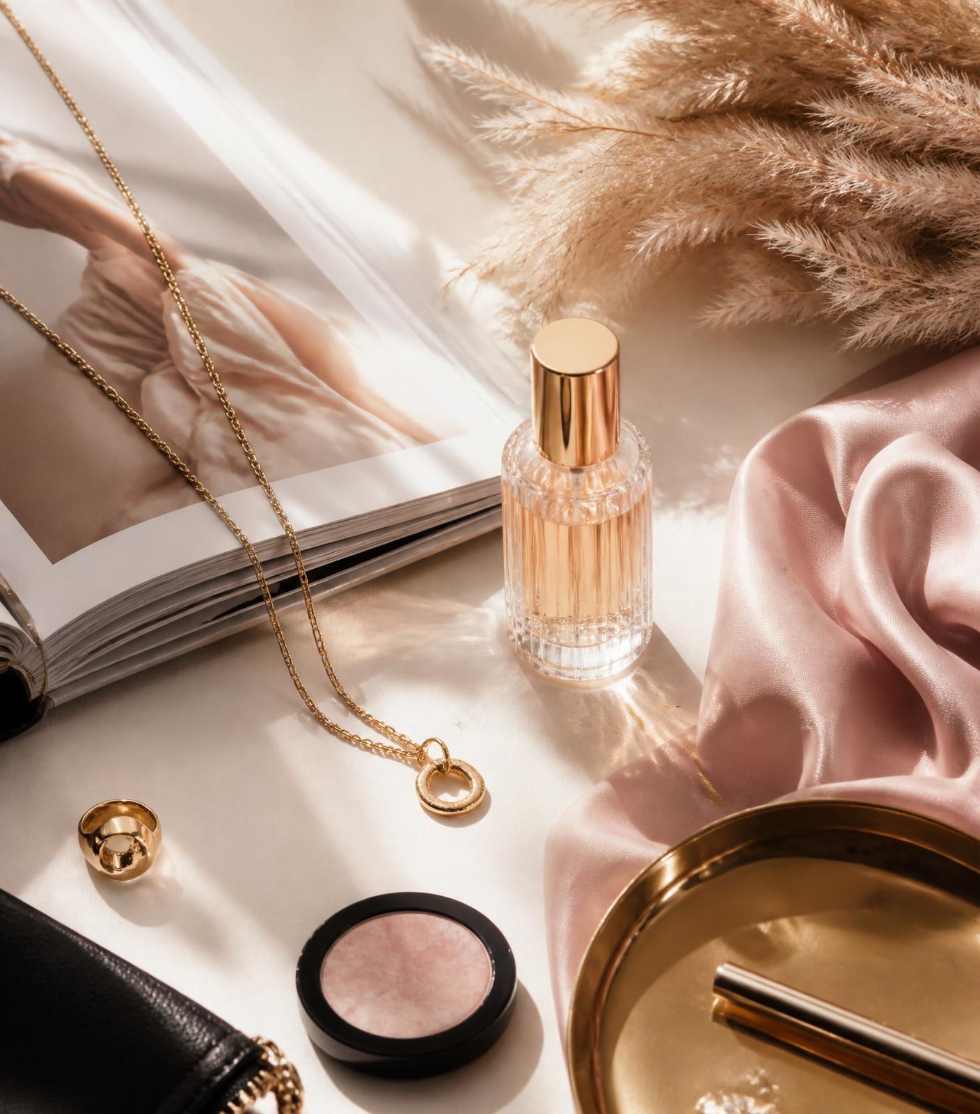 Curated flat lay of beauty and fashion picks